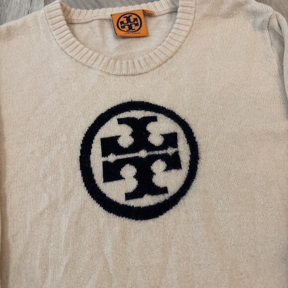 Tory Burch Sweater Womens Small Wool Cashmere Blend Tory Logo Cream Crew - Picture 2 of 8